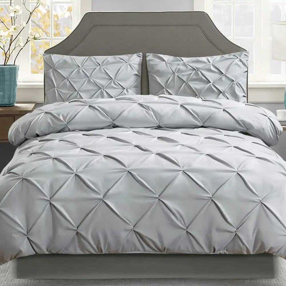 3 Piece Pinch Pleat Quilt Cover Set | Pintuck Quilt Bedding Cover Set | Diamond Embroidery Pintuck Duvet Cover | 3 Sizes - 2 Colours