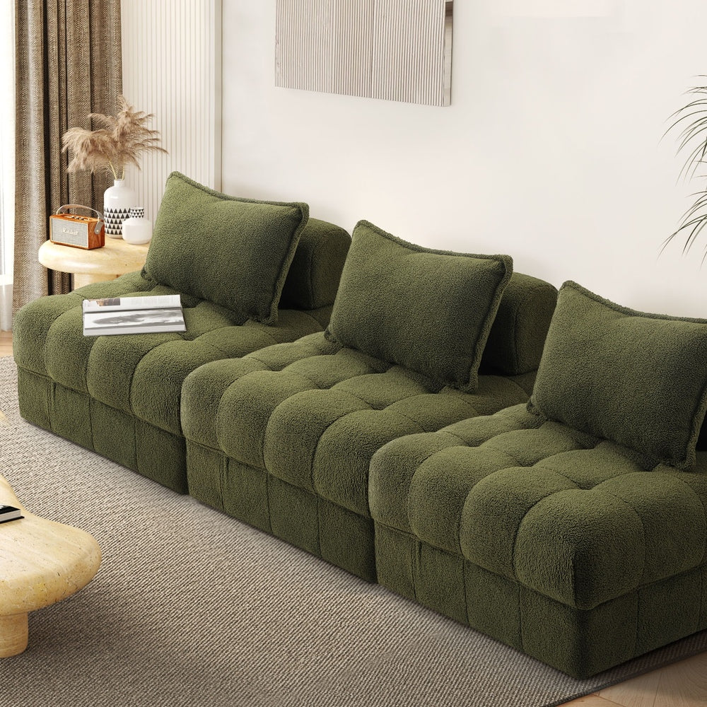 Amorio Verde Modular Sofa Lounge Set | Adjustable Armless Boucle Green Fabric Sofa Modular Lounge