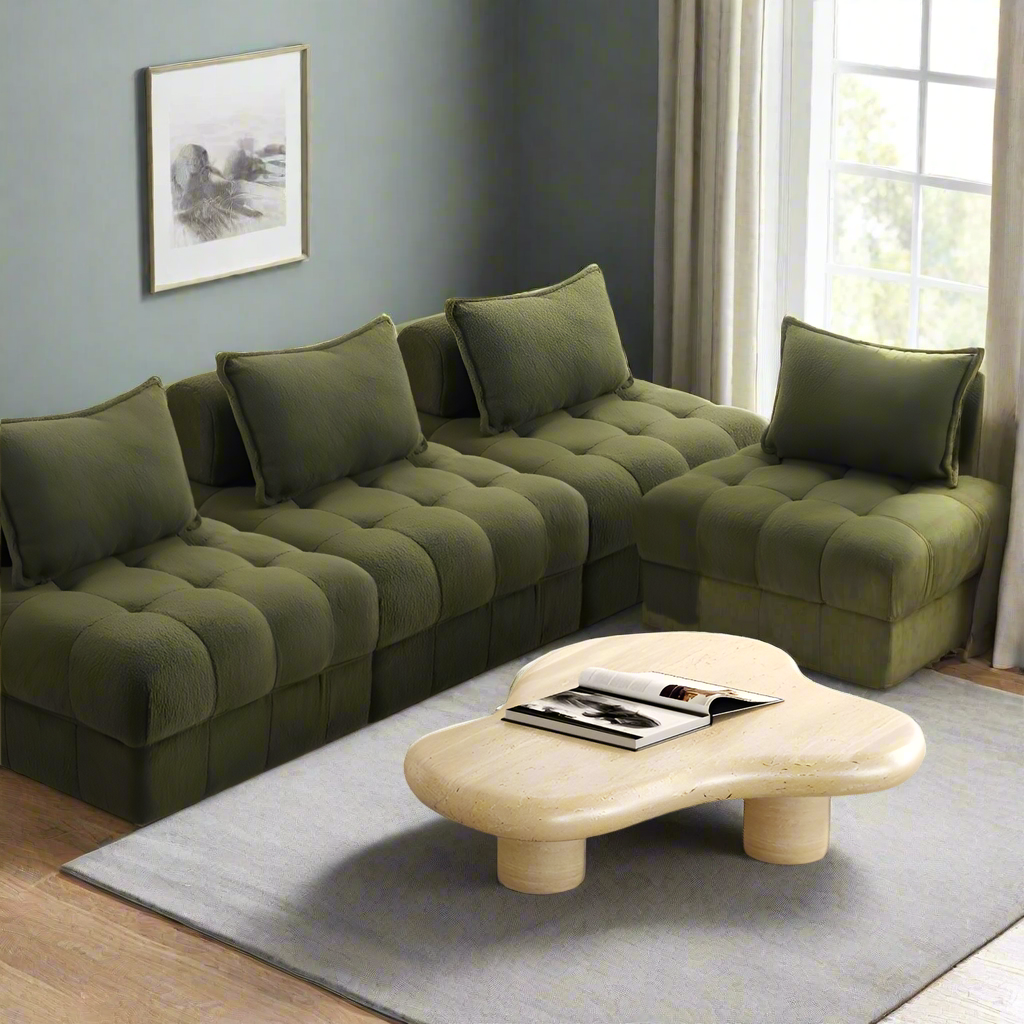 Amorio Verde Modular Sofa Lounge Set | Adjustable Armless Boucle Green Fabric Sofa Modular Lounge