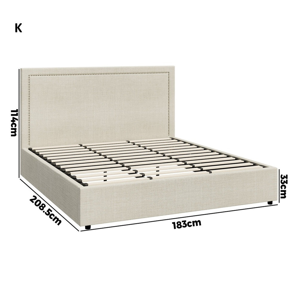 Scandi Luxe Linen Fabric Stud Trim Gas Lift Storage Bed | Premium Upholstered Storage Combo Bed Frame | 4 Sizes