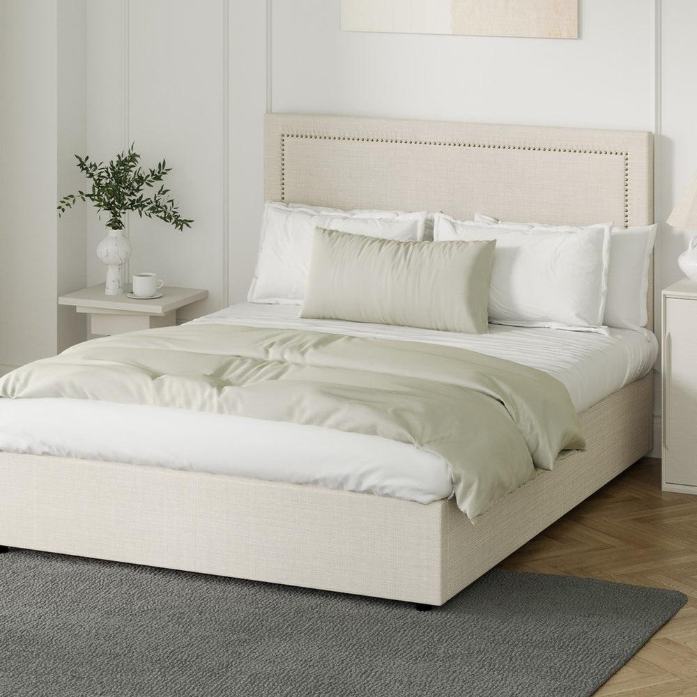 Scandi Luxe Linen Fabric Stud Trim Gas Lift Storage Bed | Premium Upholstered Storage Combo Bed Frame