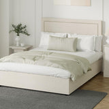 Scandi Luxe Linen Fabric Stud Trim Gas Lift Storage Bed | Premium Upholstered Storage Combo Bed Frame