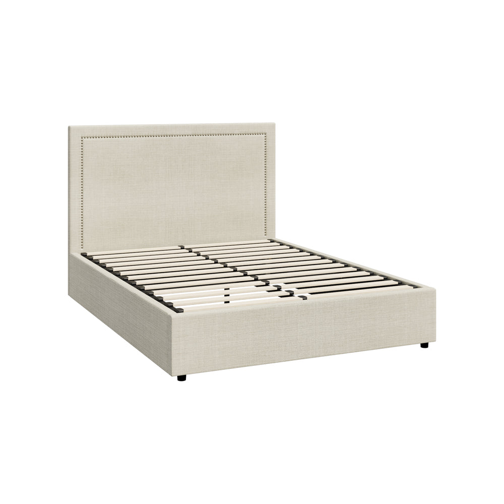 Scandi Luxe Linen Fabric Stud Trim Gas Lift Storage Bed | Premium Upholstered Storage Combo Bed Frame | 4 Sizes