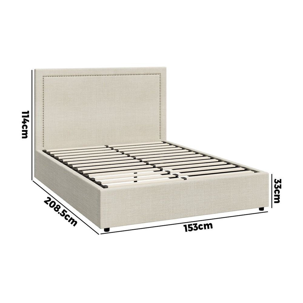 Scandi Luxe Linen Fabric Stud Trim Gas Lift Storage Bed | Premium Upholstered Storage Combo Bed Frame | 4 Sizes