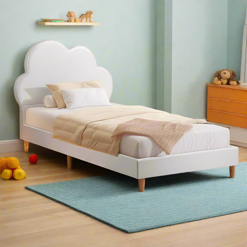 Princess Sierra Cloud Style Bed Frame | Single Size Kids White Soft Touch PU Leather Bed