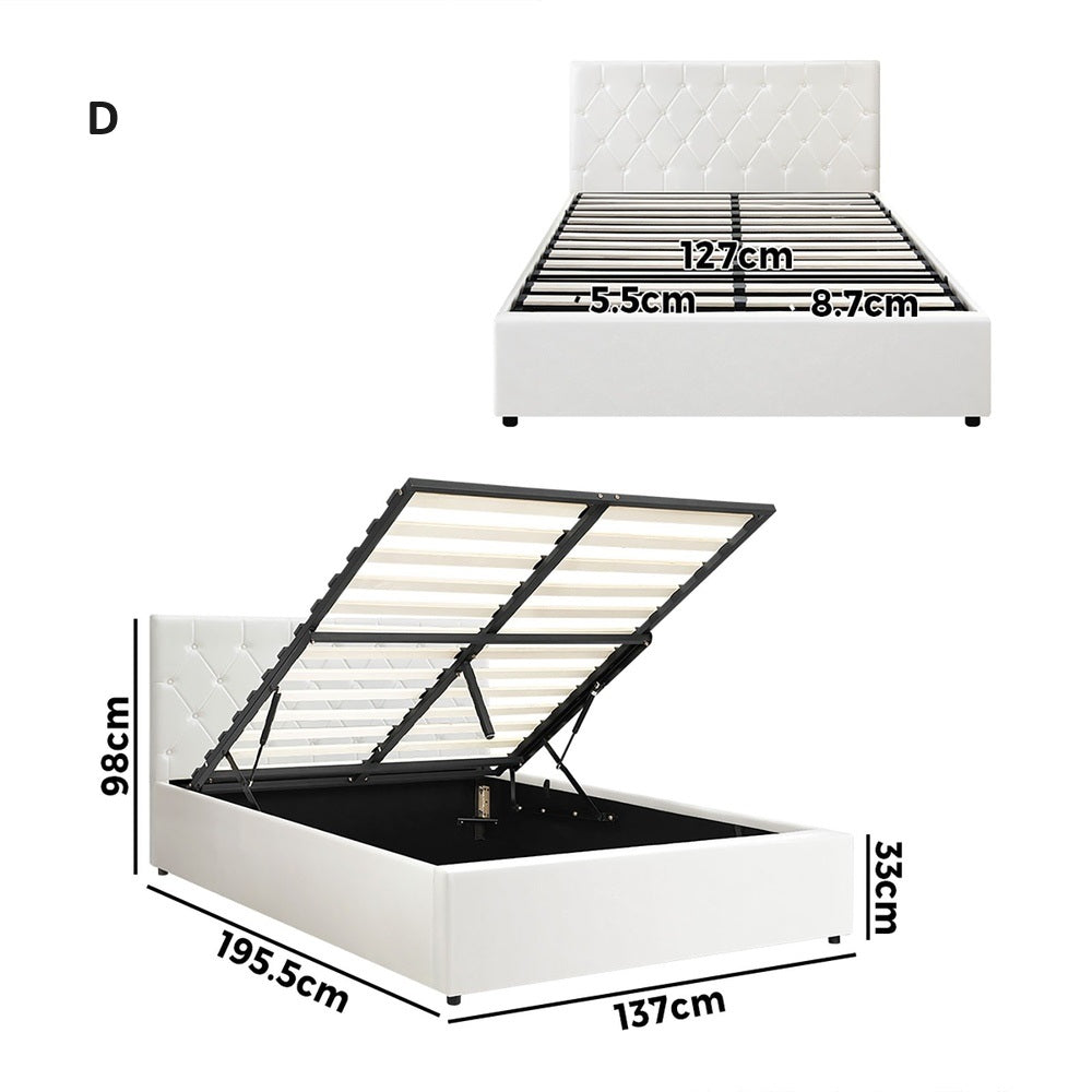 Premium Royale White PU Leather Gas Lift Storage Bed | Two In One Bed and Storage Combo Tufted Pattern