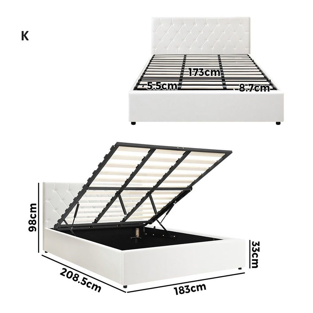 Premium Royale White PU Leather Gas Lift Storage Bed | Two In One Bed and Storage Combo Tufted Diamond Pattern | 4 Sizes