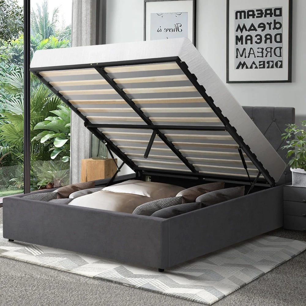 Premium Milano Grey Soft Velvet Fabric Gas Lift Storage Bed | Two In One Bed and Storage Combo Bed Frame | 5 Sizes