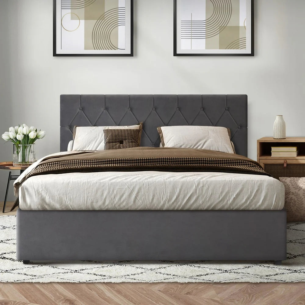 Premium Milano Grey Soft Velvet Fabric Gas Lift Storage Bed | Two In One Bed and Storage Combo Bed Frame | 5 Sizes