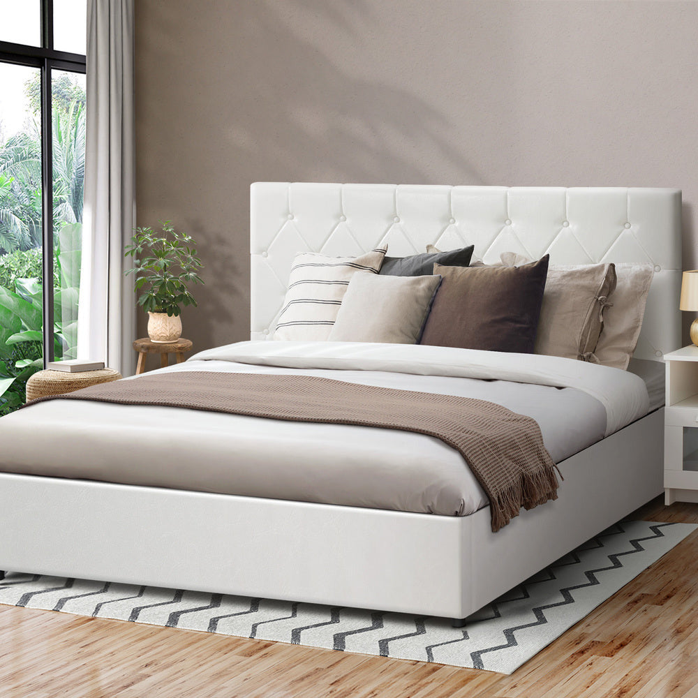 Premium Royale White PU Leather Gas Lift Storage Bed | Two In One Bed and Storage Combo Tufted Diamond Pattern | 4 Sizes