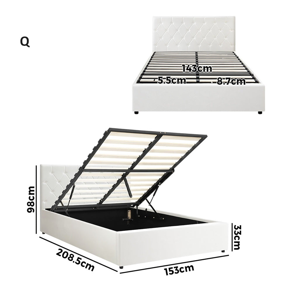 Premium Royale White PU Leather Gas Lift Storage Bed | Two In One Bed and Storage Combo Tufted Pattern