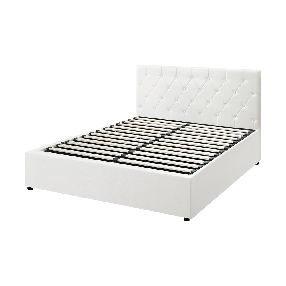 Premium Royale White PU Leather Gas Lift Storage Bed | Two In One Bed and Storage Combo Tufted Diamond Pattern | 4 Sizes