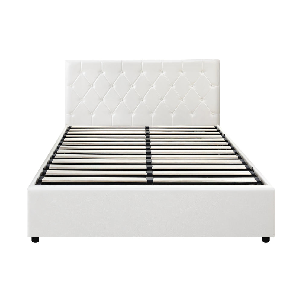 Premium Royale White PU Leather Gas Lift Storage Bed | Two In One Bed and Storage Combo Tufted Diamond Pattern | 4 Sizes