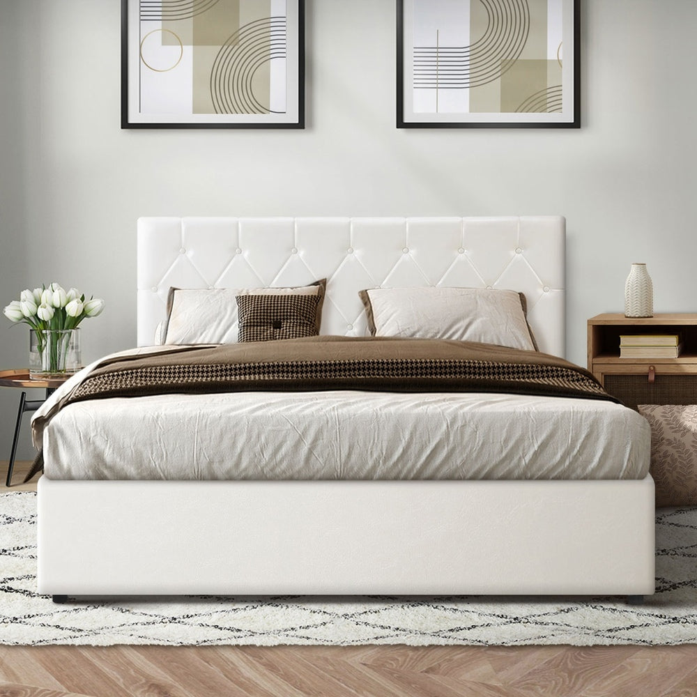 Premium Royale White PU Leather Gas Lift Storage Bed | Two In One Bed and Storage Combo Tufted Diamond Pattern | 4 Sizes