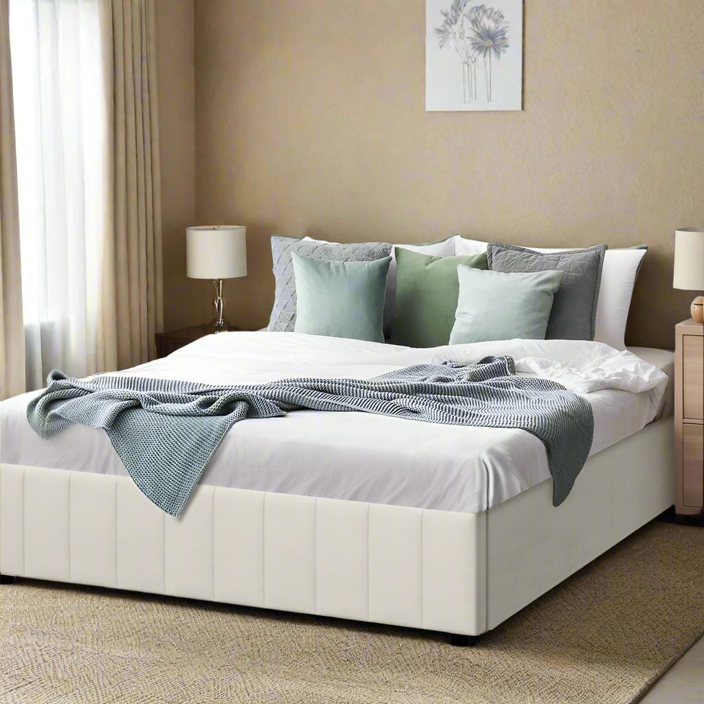 Milo Luxe Velvet Fabric Platform Bed Base with Gas Lift Storage | Soft Touch Cream Fabric Gas Lift Space Saving Bed