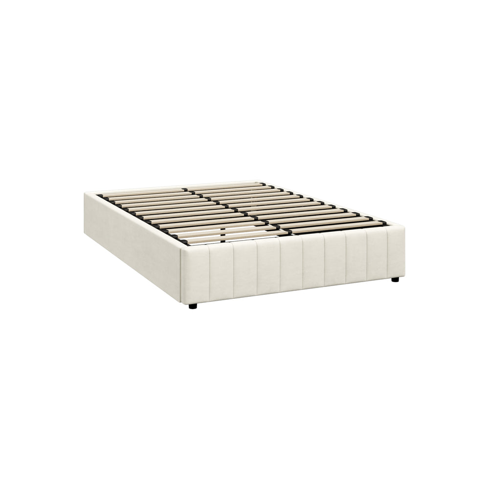 Milo Luxe Velvet Fabric Platform Bed Base with Gas Lift Storage | Soft Touch Cream Fabric Gas Lift Space Saving Bed