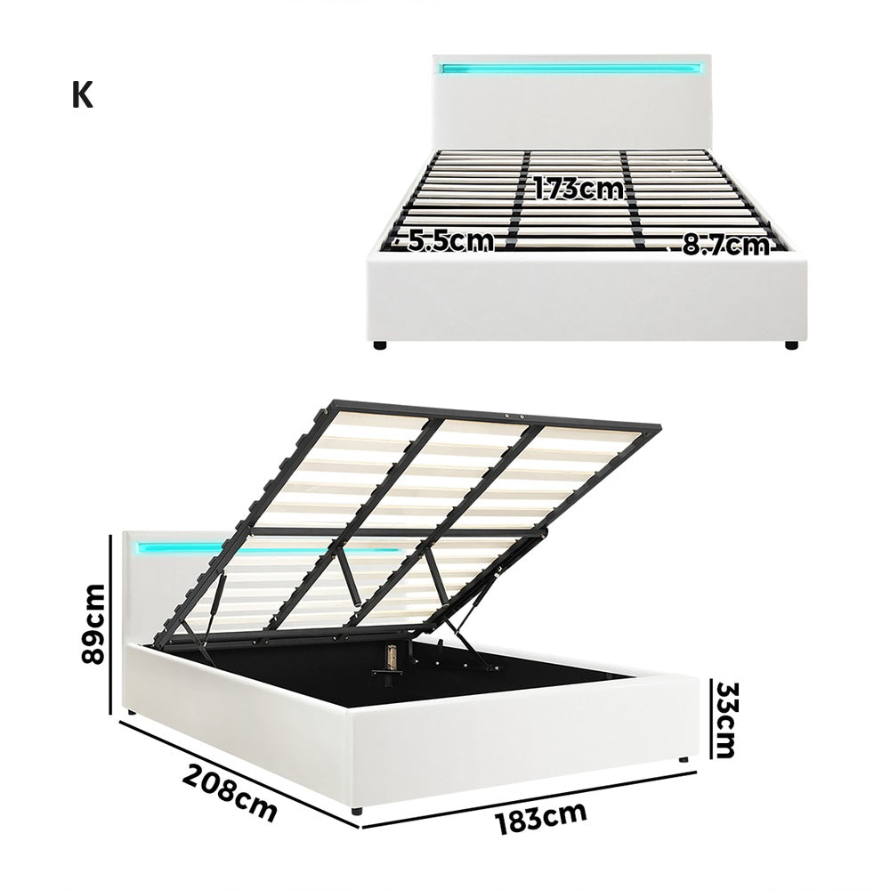 Premium Milano White PU Leather LED Gas Lift Storage Bed | Two In One White Bed Frame and Storage Combo | 4 Sizes