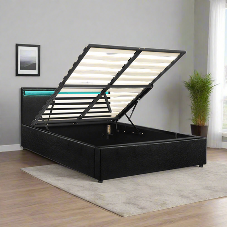 Premium Milano Black PU Leather LED Gas Lift Storage Bed | Two In One Black Bed Frame and Storage Combo | 4 Sizes