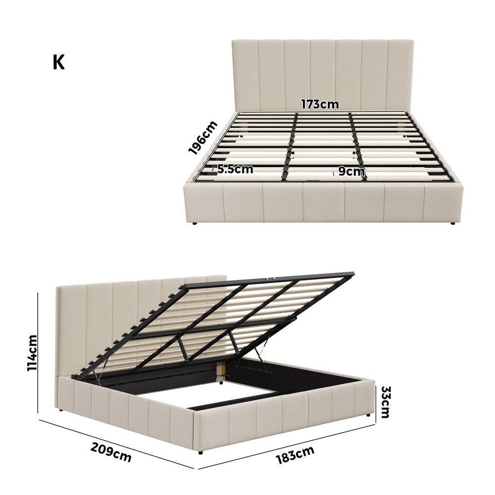 Premium Milano Beige Soft Fabric Gas Lift Storage Bed | Two In One Bed and Storage Combo Bed Frame | 4 Sizes