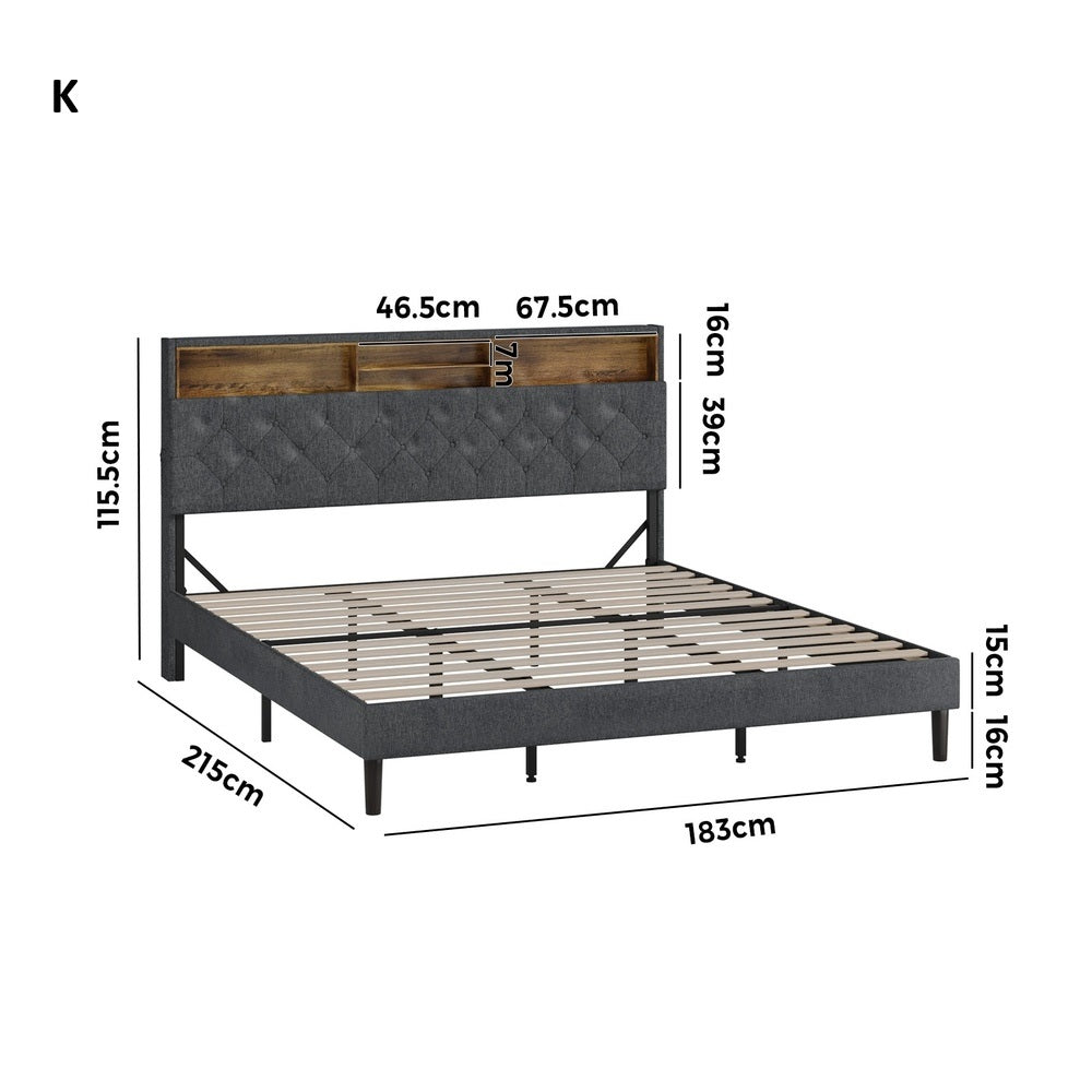 Piazzi LED Tuffted Grey Fabric Storage Bed |Modern Super Storage LED Lights Bed Frame