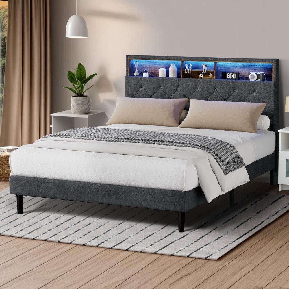 Piazzi LED Tuffted Grey Fabric Storage Bed |Modern Super Storage LED Lights Bed Frame