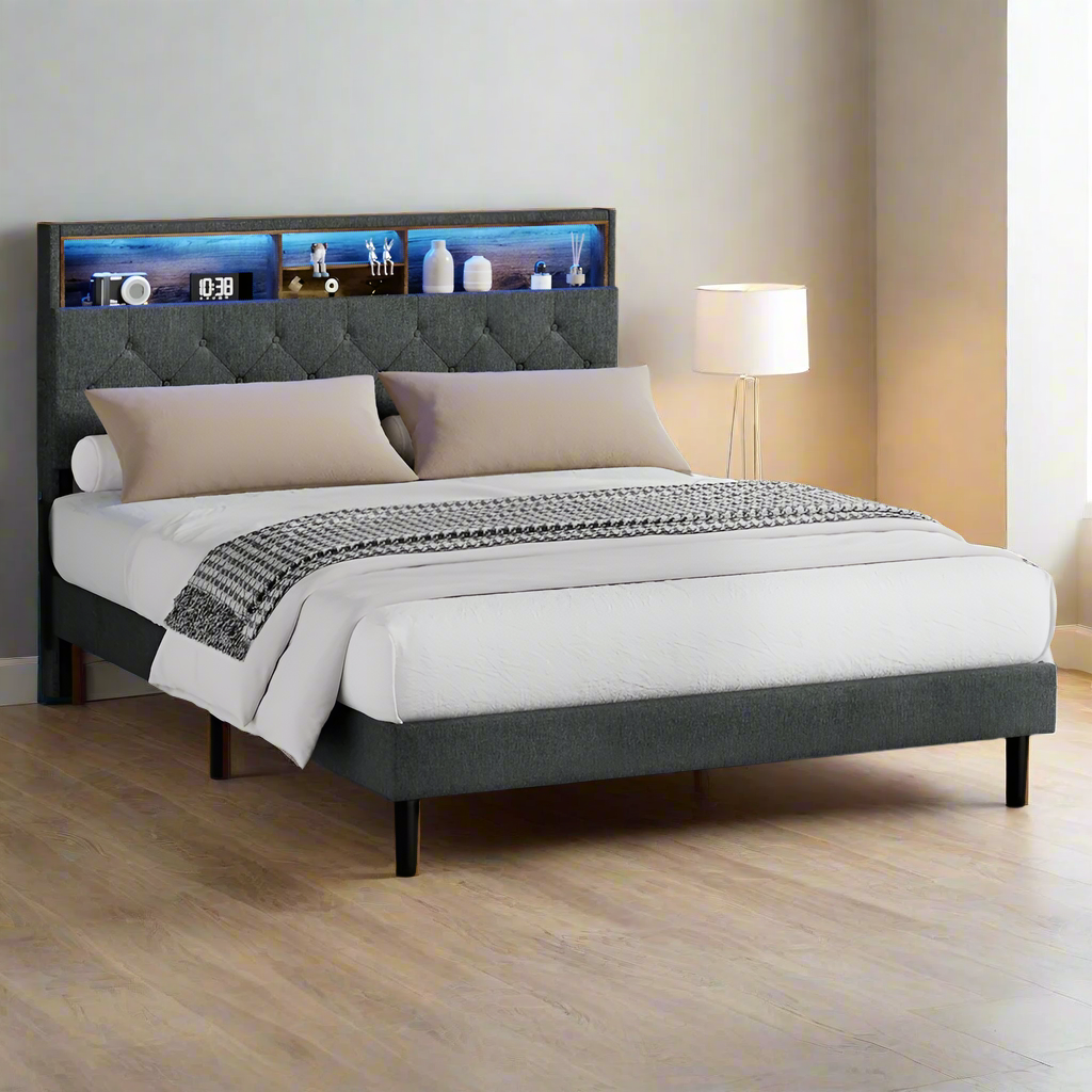 Piazzi LED Tuffted Grey Fabric Storage Bed |Modern Super Storage LED Lights Bed Frame | 4 Sizes