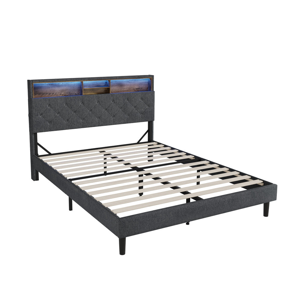 Piazzi LED Tuffted Grey Fabric Storage Bed |Modern Super Storage LED Lights Bed Frame | 4 Sizes