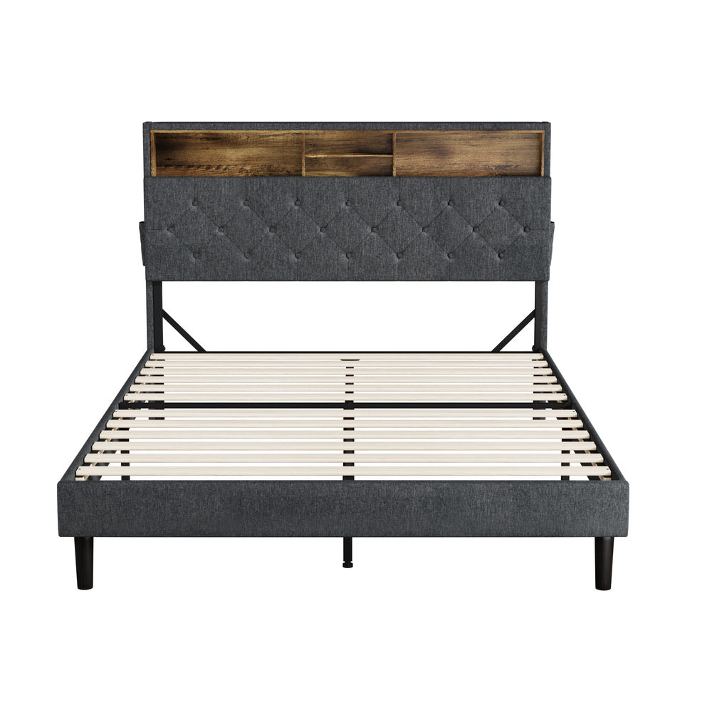 Piazzi LED Tuffted Grey Fabric Storage Bed |Modern Super Storage LED Lights Bed Frame