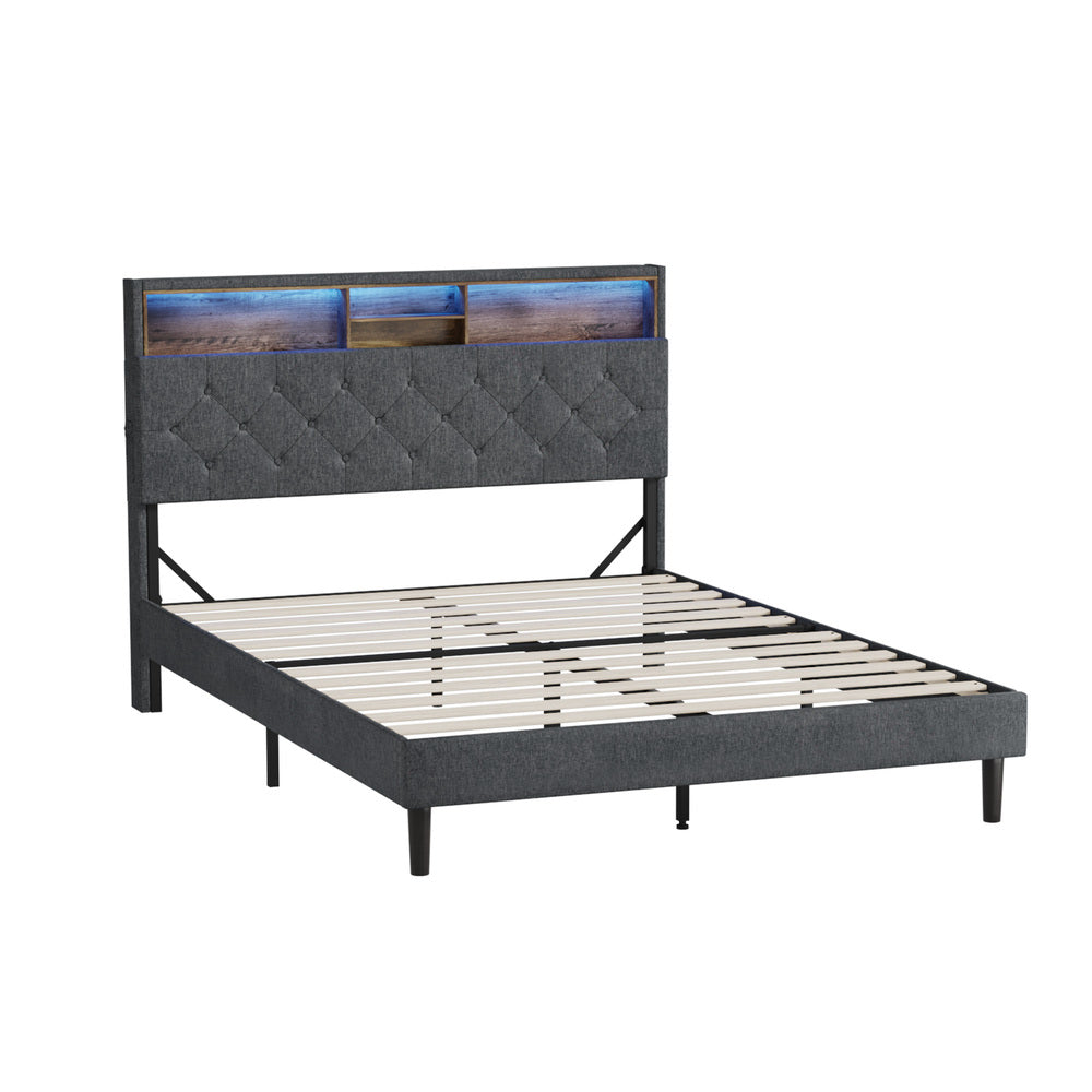 Piazzi LED Tuffted Grey Fabric Storage Bed |Modern Super Storage LED Lights Bed Frame | 4 Sizes