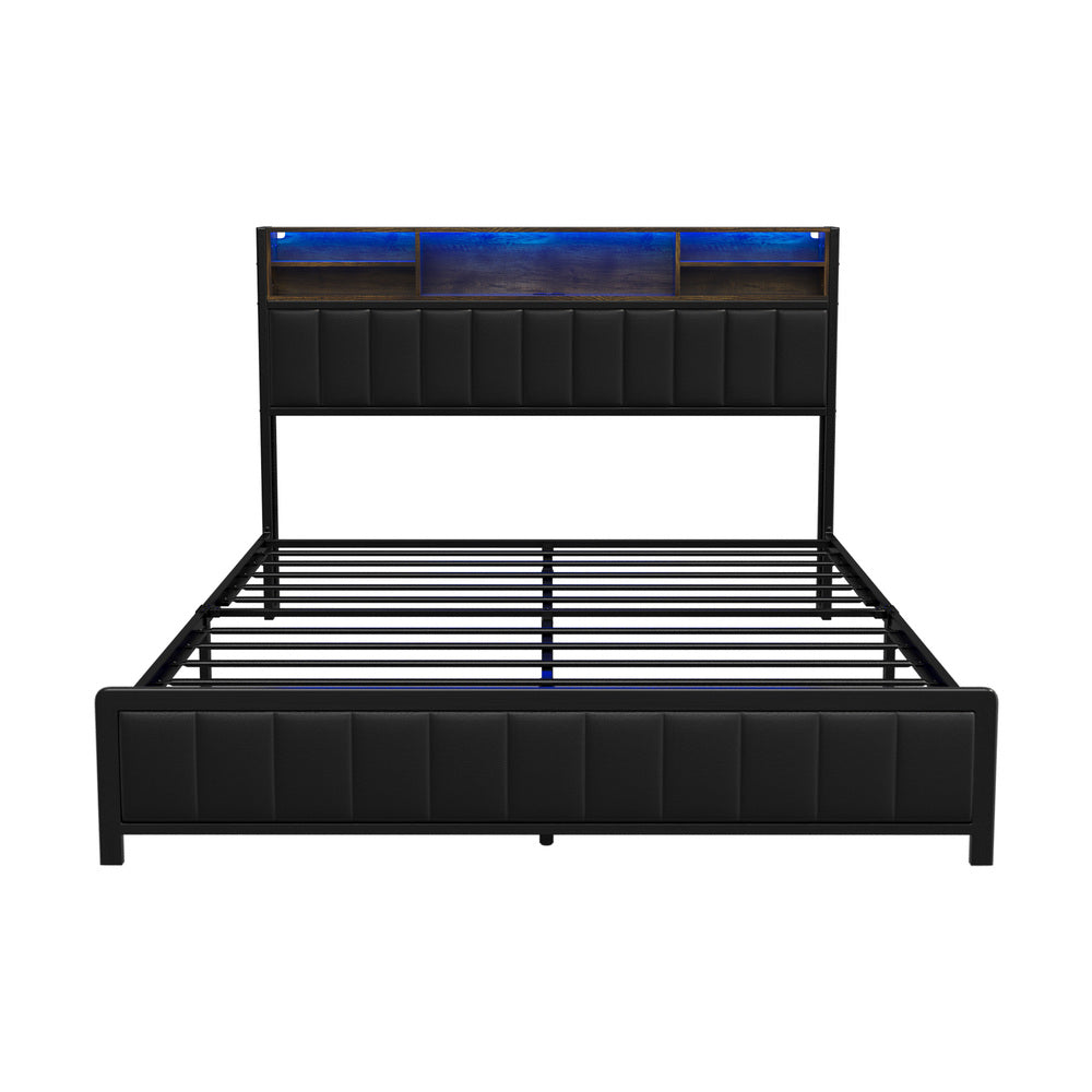 Duomo Queen LED Black PU Leather Storage Bed with USB | Multi Functional Storage LED Lights Bed Frame