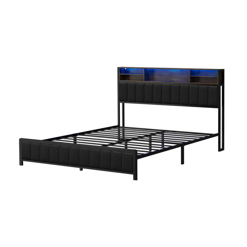 Duomo Queen LED Black PU Leather Storage Bed with USB | Multi Functional Storage LED Lights Bed Frame