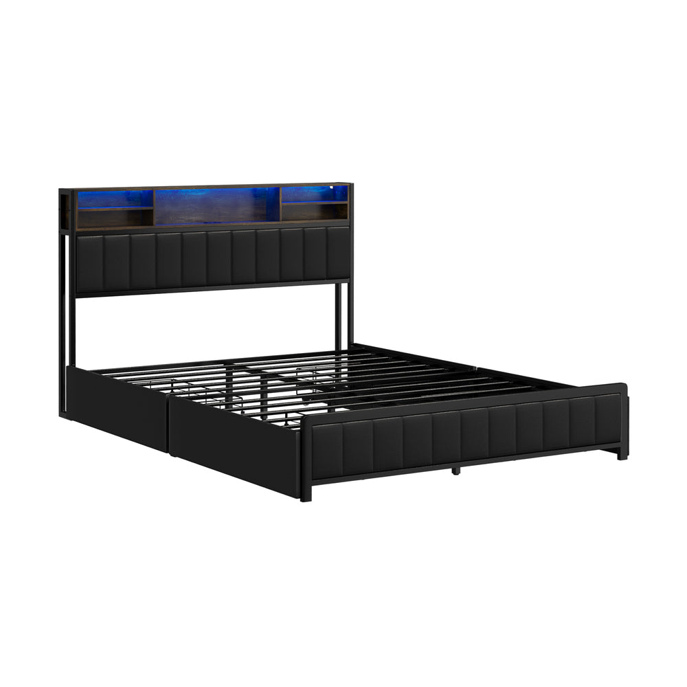 Duomo Queen LED Black PU Leather Storage Bed with USB | Multi Functional Storage LED Lights Bed Frame