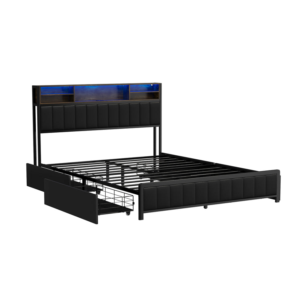 Duomo LED Black PU Leather Storage Bed | Multi Functional Storage LED Lights Bed Frame | Optional Draws