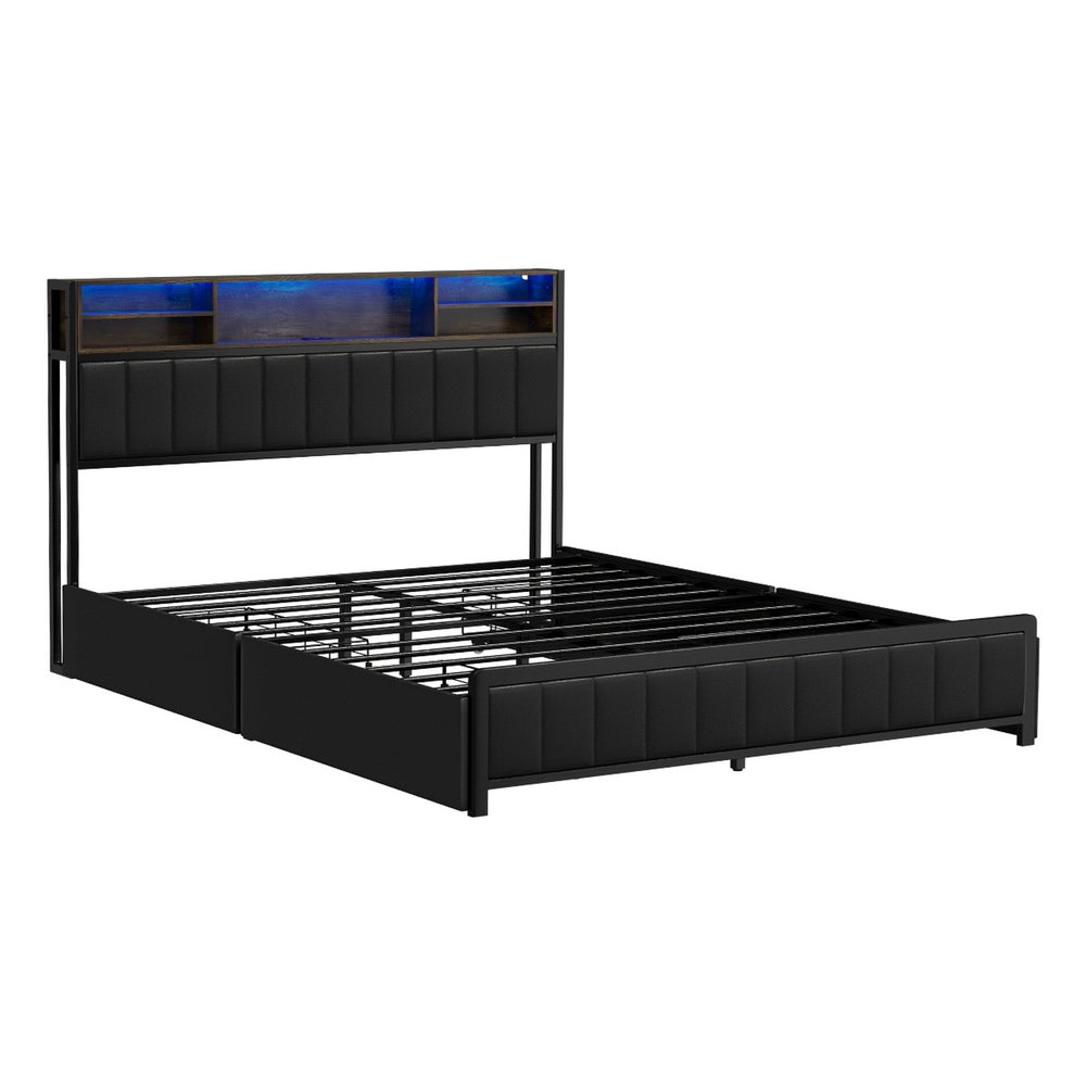 Duomo Queen LED Black PU Leather Storage Bed with USB | Multi Functional Storage LED Lights Bed Frame