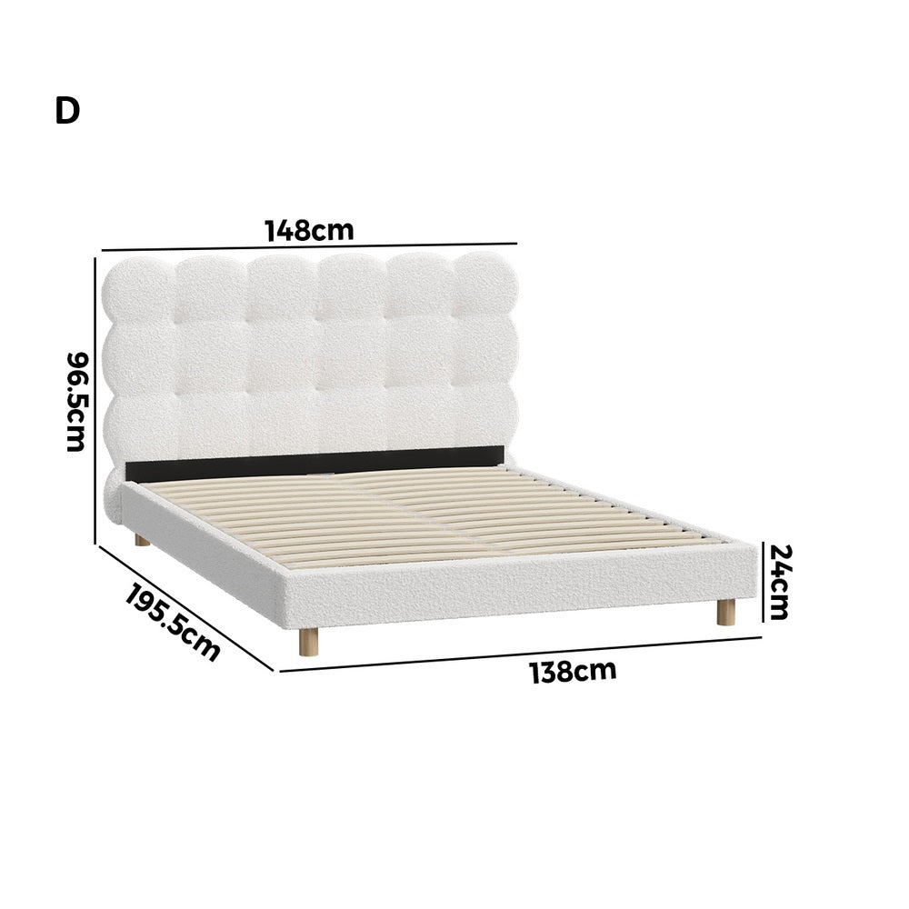 Millie Tuffted Clouds Soft Boucle Fabric White Bed | Cushioned Touch White Upholstered Boucle Bed Frame