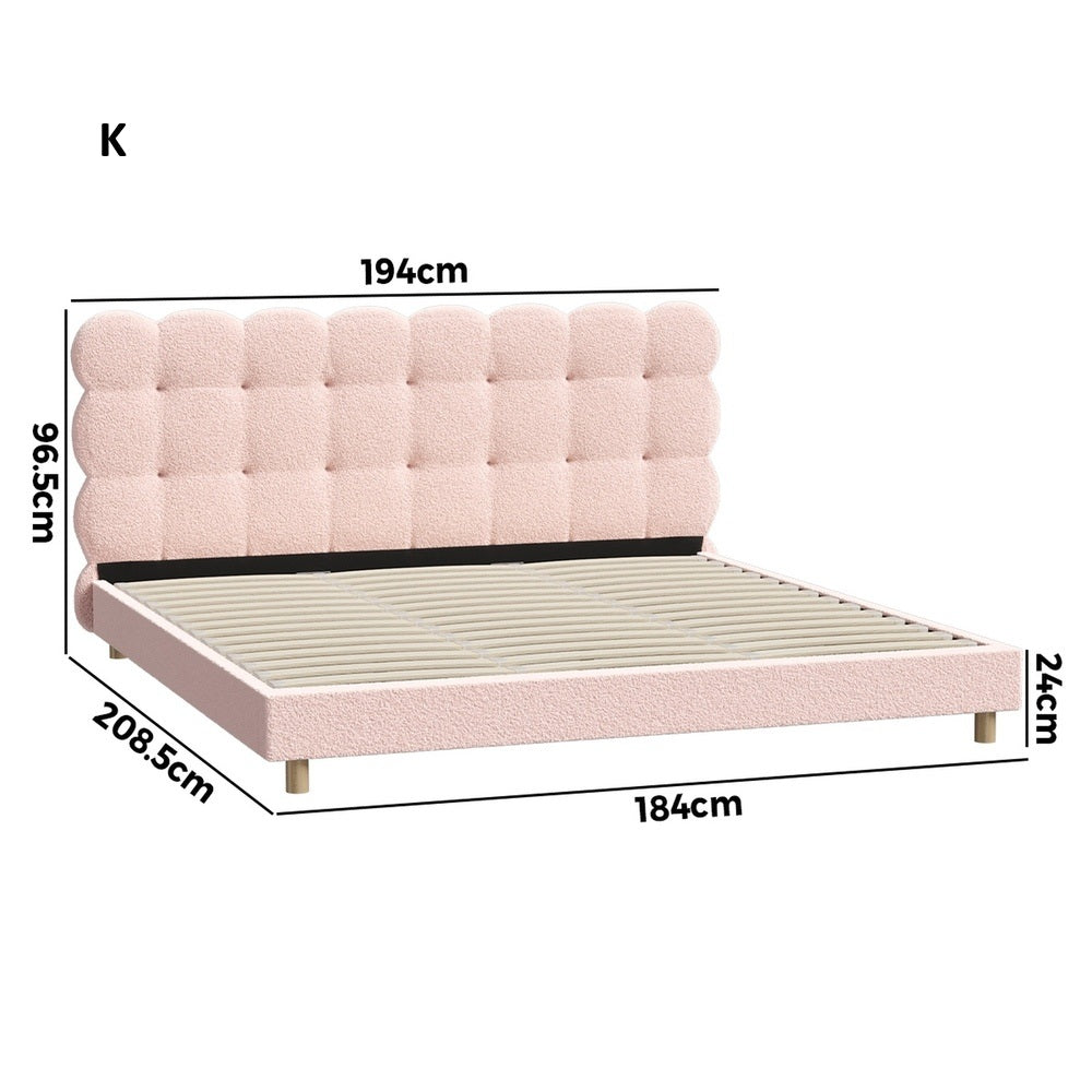 Millie Tuffted Pink Clouds Soft Boucle Fabric Bed | Cushioned Touch Pink Upholstered Boucle Bed Frame