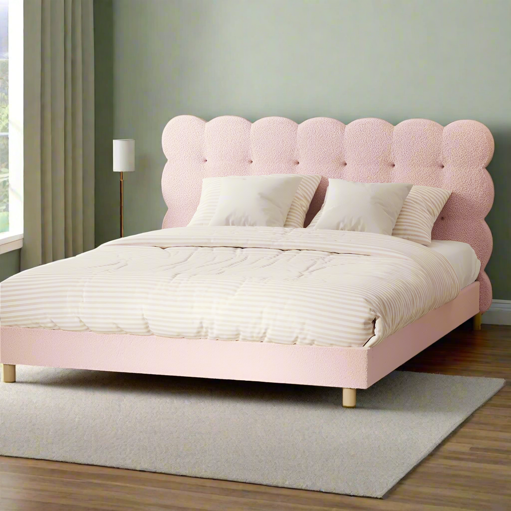 Millie Tuffted Pink Clouds Soft Boucle Fabric Bed | Cushioned Touch Pink Upholstered Boucle Bed Frame