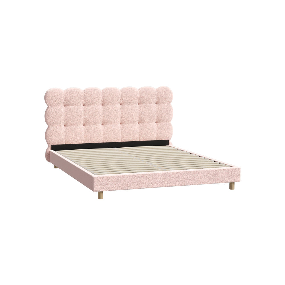 Millie Tuffted Pink Clouds Soft Boucle Fabric Bed | Cushioned Touch Pink Upholstered Boucle Bed Frame