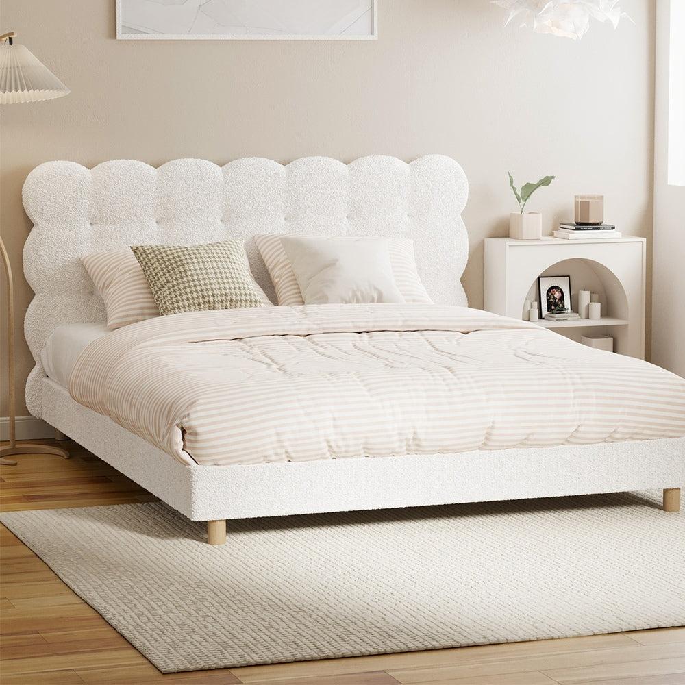 Millie Tuffted Clouds Soft Boucle Fabric White Bed | Cushioned Touch White Upholstered Boucle Bed Frame