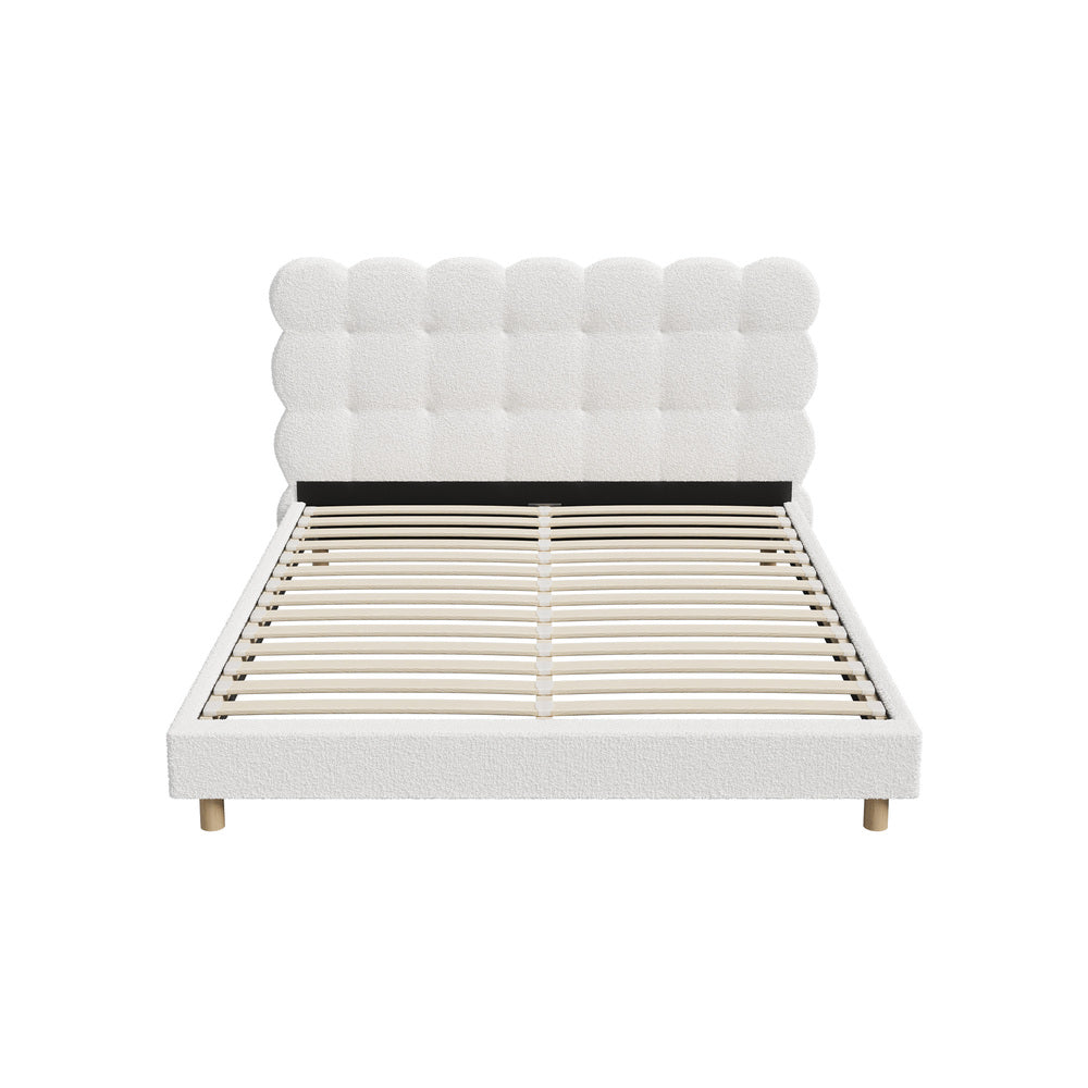 Millie Tuffted Clouds Soft Boucle Fabric White Bed | Cushioned Touch White Upholstered Boucle Bed Frame