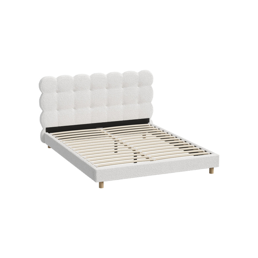 Millie Tuffted Clouds Soft Boucle Fabric White Bed | Cushioned Touch White Upholstered Boucle Bed Frame