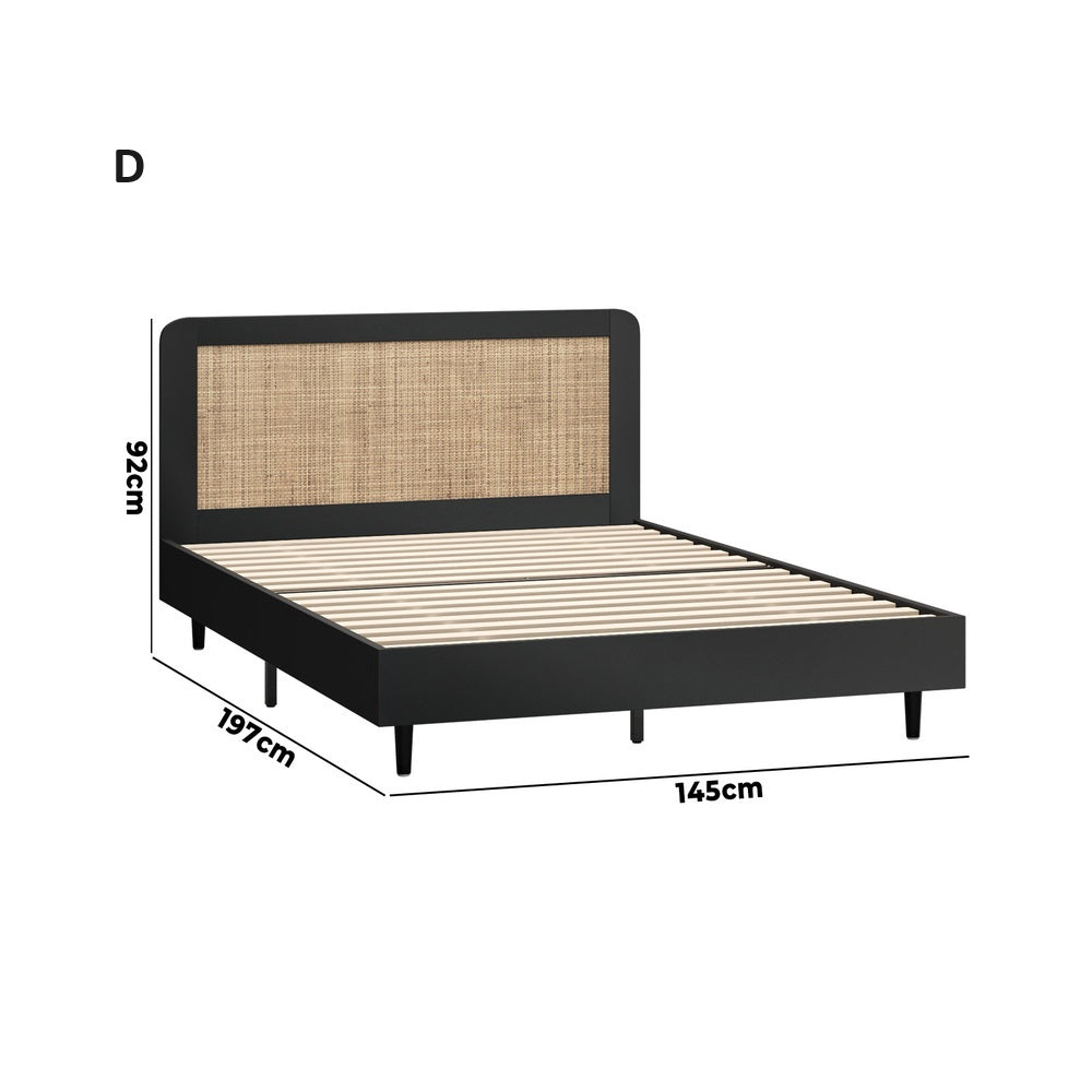 Abruzzi Nero Genuine Rattan Wooden Bed | Modern Elegant Wooden Bed Frame Rattan Headboard