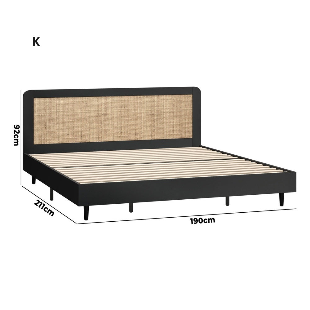 Abruzzi Nero Genuine Rattan Wooden Bed | Modern Elegant Wooden Bed Frame Rattan Headboard