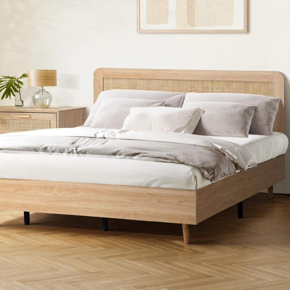 Abruzzi Genuine Rattan Wooden Bed | Modern Elegant Wooden Bed Frame Rattan Headboard | 5 Sizes