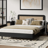 Abruzzi Nero Genuine Rattan Wooden Bed | Modern Elegant Wooden Bed Frame Rattan Headboard