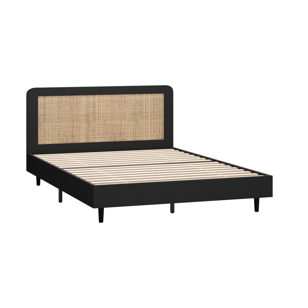 Abruzzi Nero Genuine Rattan Wooden Bed | Modern Elegant Wooden Bed Frame Rattan Headboard