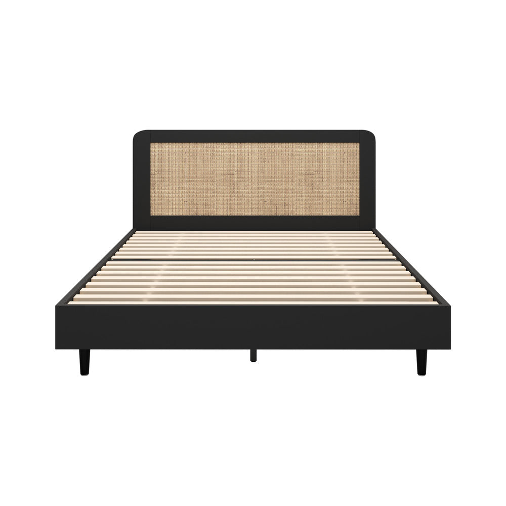 Abruzzi Nero Genuine Rattan Wooden Bed | Modern Elegant Wooden Bed Frame Rattan Headboard