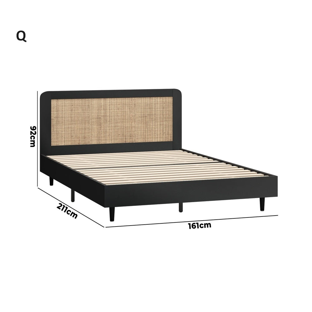 Abruzzi Nero Genuine Rattan Wooden Bed | Modern Elegant Wooden Bed Frame Rattan Headboard