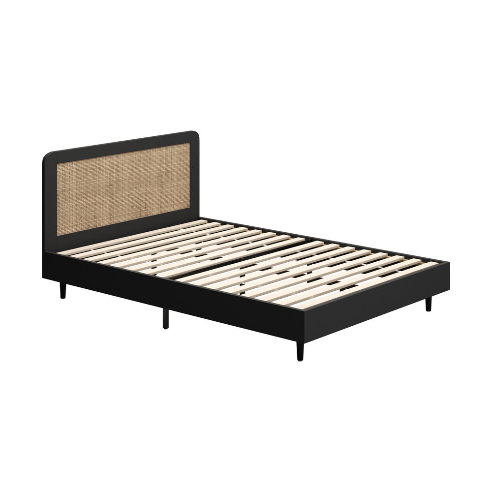 Abruzzi Nero Genuine Rattan Wooden Bed | Modern Elegant Wooden Bed Frame Rattan Headboard