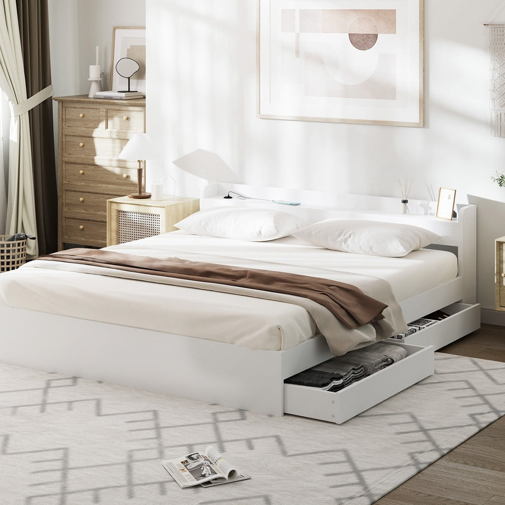 Sorrento 2 Drawer White Storage Bed and 2 Charging Ports | Multi Storage Wood Bed Frame with USB Chargers | 4 Sizes